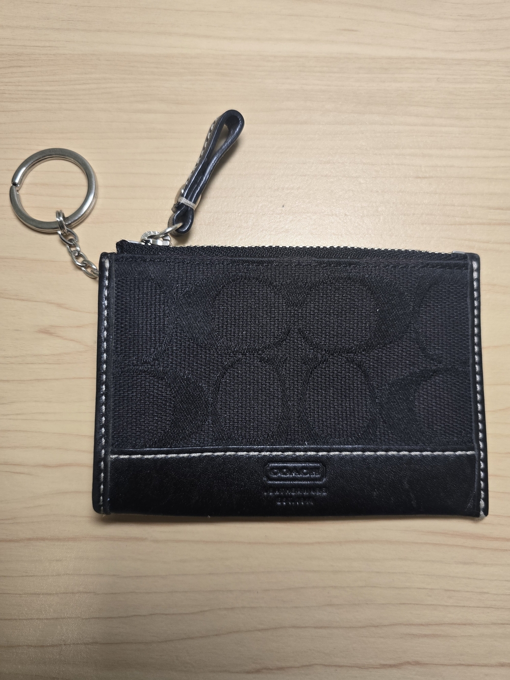 COACH Black Signature Card Holder with Key Ring